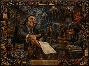 A smug record executive offers a predatory contract across a polished boardroom table while weary musicians sit beneath puppet strings. Tobacco smoke forms ghostly faces above amber whiskey, gold records, and sinister slogans. Rich burgundy, bronze, and charcoal tones glow under dramatic lighting, framed by ornate instruments, piano keys, red lips, and metallic filigree.