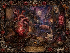 A monumental mechanical heart pulses within a shadowy industrial alley, its crimson flesh threaded with wires, gauges, and guitar strings. Nearby pigs, instruments, and recording equipment deepen the surreal unease. Rich reds, bronze, violet, and smoky blue glow under theatrical light, framed by ornate musical motifs and glossy lips.