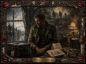 A weary decorated veteran sits beside a rain-streaked window in a dim, cluttered room, haunted by ghostly soldiers and empty classroom desks. Cool blue-gray daylight meets warm amber lamplight, illuminating medals, a battered suitcase, letters, and a childs drawing. Rich oil-like textures and an ornate musical frame deepen the melancholy, reflective mood.