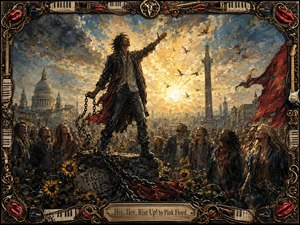 A defiant young figure stands above a hopeful crowd, raising one arm toward a radiant, bird-filled sky while holding broken chains. Sunflowers, red banners, and distant city monuments frame the scene. Rich blues, smoky grays, crimson, and golden light create an uplifting, revolutionary mood in textured, dramatic oil-painting style.