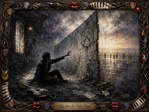 A solitary man reaches toward distant figures beyond a towering cracked wall in a ruined, shadowy landscape. Moody blue-gray and violet tones contrast with pale golden light breaking through storm clouds. Thick painterly textures, scattered debris, a fallen guitar, and an ornate musical frame intensify the haunting atmosphere of isolation and longing.