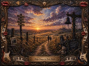 Two figures walk a winding country path toward a glowing sunset beneath violet and amber clouds. Weathered fences, a hanging bell, old bicycle, faded photograph, and abandoned teddy bear evoke lost youth and longing. Richly textured brushwork and dramatic light are enclosed by an ornate musical frame with guitars, keys, picks, strings, and red lips.