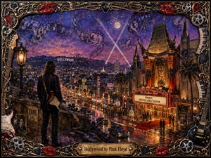 A lone guitarist overlooks a rain-slicked Hollywood boulevard glowing beneath violet twilight, golden marquees, and sweeping searchlights. Vintage theaters, palm trees, classic cars, and ghostly film strips create a glamorous yet lonely dreamscape. Rich painterly textures, dramatic shadows, neon reflections, and an ornate musical frame heighten the nostalgic cinematic mood.