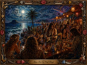 A moonlit Ibiza seaside bar pulses with bohemian revelers, live guitar music, and smoky late-night energy. Warm amber lanterns illuminate crowded figures, gleaming bottles, and reflective wood, while cobalt waves crash beneath a silver moon. Psychedelic sky symbols and an ornate musical frame complete the richly textured oil-painted scene.
