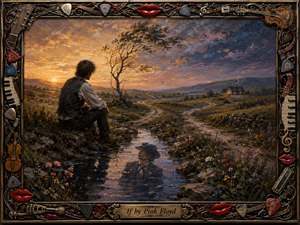 A solitary man sits beside a winding stream at twilight, contemplating distant hills and a warmly lit cottage. His altered reflection suggests an imagined self, while a forked path and windswept tree deepen the introspective mood. Golden sunset blends into blue-violet shadows, framed by ornate musical instruments, piano keys, guitar picks, and glossy red lips.