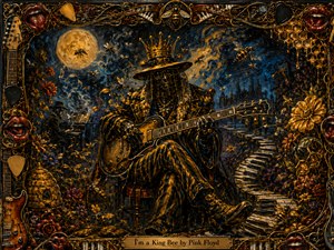 A regal, veiled musician sits beneath a glowing moon, playing a golden guitar amid swarming bees, flowers, honeycomb, and a winding piano-key path. Deep blues, amber golds, and crimson accents create a smoky, hypnotic mood. Rich painterly textures, dramatic lighting, and an ornate musical frame complete the surreal scene.