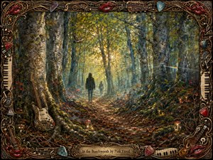 A lone figure follows a winding path through an enchanted beech forest, where golden sunlight pierces cool green mist and reveals carved faces, glowing mushrooms, a resting guitar, and spectral symbols. Rich painterly textures and autumnal reds deepen the dreamlike mood, while an ornate musical frame surrounds the luminous, surreal composition.