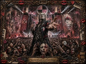 A commanding rock frontman reaches toward a frenzied crowd beneath towering walls, crossed-hammer banners, smoke, and piercing spotlights. Bruised reds, flesh tones, black, and brass create a menacing theatrical mood. Broken masks, distorted faces, and an ornate musical frame intensify the dramatic, richly textured oil-painted spectacle.
