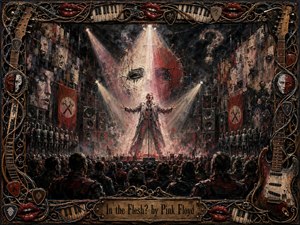 A pale, commanding singer stands beneath searing spotlights in a vast dystopian arena, surrounded by rigid guards, towering speakers, fractured faces, and a shadowed crowd. Bruised reds, smoky blacks, and harsh whites heighten the menace. Thick, expressive brushwork and an ornate instrument-and-lips frame create a theatrical, unsettling spectacle.
