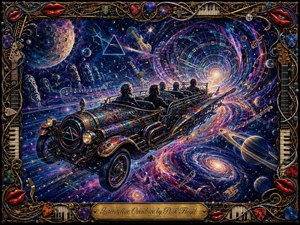 A psychedelic vintage roadster races through a vast cosmic vortex, carrying shadowed travelers toward a radiant portal. Swirling galaxies, planets, musical notation, floating instruments, and prism imagery fill the deep blue, violet, magenta, and gold scene. Dramatic celestial lighting, intricate brushwork, and an ornate music-themed frame create an adventurous, hypnotic atmosphere.