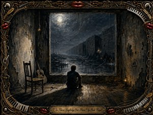 A solitary figure sits on worn floorboards in a crumbling room, gazing through a vast window toward a moonlit, flooded wasteland and an endless wall. Cold blue-gray shadows mix with warm amber lamplight, while an empty chair and guitar deepen the loneliness. Ornate musical filigree frames the haunting, painterly scene.