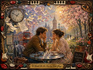 A young couple leans toward each other at a sunlit London cafe, surrounded by flowering trees, drifting papers, birds, and distant city landmarks. Warm gold, pink, blue, and green tones create a romantic, wistful mood. Expressive oil-like brushwork and an intricate musical frame add rich texture and whimsical detail.
