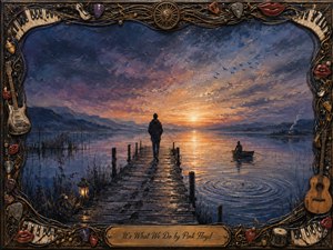 A solitary figure walks along a weathered pier toward a glowing sunset, while another drifts quietly in a small boat across the reflective lake. Deep blues, violet clouds, and warm amber light create a contemplative mood. Thick oil textures, rippling water, distant mountains, and an ornate music-themed frame enrich the scene.
