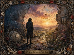 A solitary figure stands among crumbling ruins, facing a radiant sunrise over distant hills. Cool blues and charcoal shadows yield to glowing gold, rose, and amber light. A broken clock, blooming flowers, flying birds, and reflective stone path suggest renewal. Rich impasto textures and an ornate musical frame create a dreamlike, contemplative mood.