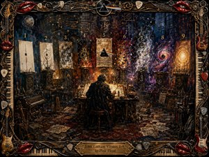 A solitary artist works in a shadowy, cluttered studio beneath nine evolving symbolic panels, progressing from spare geometry to fire, smoke, cosmic vortices, and radiant light. Rich blues, golds, reds, and violets glow theatrically through textured, surreal brushwork, framed by ornate instruments, piano keys, guitar picks, strings, and glossy red lips.
