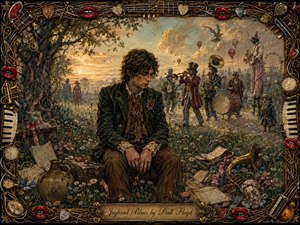 A melancholy young man sits among wildflowers and scattered instruments while a surreal jugband parade drifts through a hazy carnival meadow. Warm gold, muted green, dusty blue, and crimson tones glow beneath soft sunset light. The richly textured painting is enclosed by an ornate frame of strings, keys, picks, instruments, and glossy red lips.