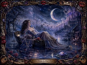 A serene woman reclines in a flower-draped boat beneath a glowing crescent moon, drifting across a reflective midnight lake toward a distant gothic castle. Deep blues, violets, silver light, mist, roses, birds, and submerged clocks create a melancholic dreamscape, framed by ornate instruments, piano keys, guitar strings, picks, and glossy red lips.