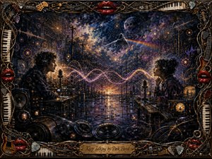 Two headphone-wearing figures face each other across a reflective, futuristic soundscape, linked by glowing waves of communication. Deep blues, violets, golds, and amber highlights create a mysterious, hopeful mood. Rich painterly textures, cosmic clouds, microphones, speakers, cables, and symbolic diagrams fill the scene, enclosed by an ornate musical frame.