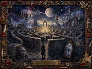 A lone figure faces a vast stone labyrinth beneath a luminous moon and star-filled sky. Floating doors, broken stairways, mirrors, ruins, and distant silhouettes deepen the mysterious, introspective mood. Moody blues, purples, and charcoal shadows surround a glowing golden center, framed by ornate musical instruments, piano keys, guitar strings, picks, and glossy red lips.
