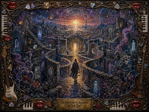 A lone cloaked traveler enters a vast surreal labyrinth of ancient stone, glowing portals, spectral doorways, celestial diagrams, and strange flowers. Deep indigo, violet, bronze, and crimson tones surround a radiant golden horizon. Dramatic haze and shadow enhance the mysterious textured-wax style, framed by instruments, piano keys, guitar picks, strings, and glossy red lips.