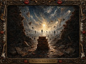 A crumbling brick wall frames a luminous wasteland where shadowy figures move toward radiant golden light. In the foreground, the final stacked bricks rise amid wet rubble and drifting debris. Dark charcoal, rust, blue-gray, and amber tones enhance the solemn, hopeful mood, enclosed by an ornate musical frame with glossy red lips.