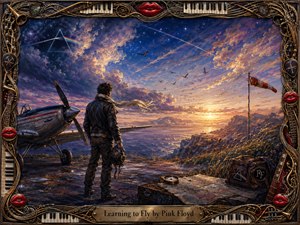 A lone aviator stands beside a weathered propeller plane on a windswept cliffside runway, gazing toward a radiant horizon. Deep blues, violets, and amber light shape a dreamlike sky filled with birds and clouds. Painterly textures, maps, a windsock, and an ornate musical frame evoke freedom, uncertainty, and aspiration.