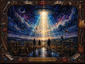 Three figures stand on a rain-slick airfield beneath a colossal spacecraft pouring golden-blue light through a turbulent cosmic sky. Deep indigo, violet, and amber clouds frame the radiant beam, reflected in puddles below. An ornate handcrafted border of guitars, piano keys, strings, picks, and red lips completes the dramatic psychedelic painting.