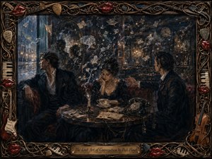 Three elegantly dressed figures sit in a shadowy cafe, physically close yet emotionally divided. Cool rainlight and warm amber lamps illuminate drifting letters, smoky speech shapes, an unplugged telephone, and empty chairs. Rich blues, browns, and crimson accents deepen the melancholy, while an ornate musical frame completes the textured oil-painted scene.