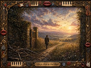 A solitary figure walks through an overgrown stone gateway toward a radiant valley beneath a dramatic sunset sky. Golden grasses, wildflowers, distant hills, and rising birds create a reflective, hopeful mood. Rich oil-painted textures and warm amber light contrast with shadowed ruins, all enclosed by an ornate music-themed frame.