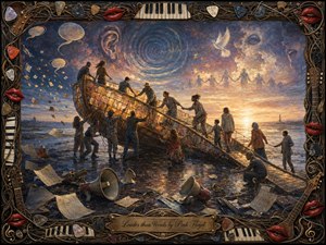 A diverse group works together to launch a glowing patchwork vessel across a reflective shoreline at dawn. Torn pages and broken megaphones scatter beneath a swirling, symbolic sky. Deep blues, violets, and warm amber light create a hopeful, dramatic mood, framed by intricate musical instruments, guitar picks, piano keys, and glossy red lips.