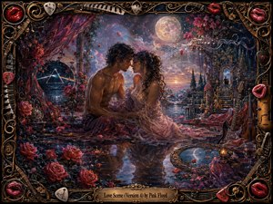 A moonlit couple leans tenderly together in a surreal garden of roses, reflective water, ruined arches, and drifting musical light. Deep crimson, violet, midnight blue, and gold create a romantic, mysterious mood. Textured painterly detail, glowing highlights, instruments, glossy lips, and ornate filigree enrich the elaborate frame.