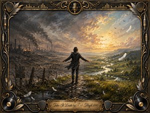 A lone figure stands between a smoke-darkened industrial wasteland and a radiant green valley, arms open toward renewal. Warm gold sunlight breaks through stormy gray clouds, illuminating winding water, distant hills, birds, and drifting white feathers. Rich painterly textures and an ornate music-themed frame create a reflective, hopeful atmosphere.
