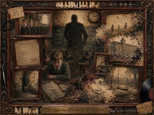 A dark, nostalgic schoolroom collage portrays stern authority, isolated students, faded playground memories, and abandoned swings beneath sepia-toned light. Layered rosewood frames, cracked textures, charcoal shadows, aged paper, piano keys, wires, and vinyl details create a distressed mixed-media atmosphere, blending melancholy, repression, childhood fear, and fading innocence.
