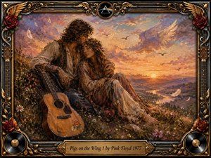 A tender hippie couple rests together on a flowered hillside at sunset, an acoustic guitar beside them beneath a luminous sky filled with soft clouds and drifting feathers. Warm gold, rose, lavender, and earthy tones create a nostalgic romantic mood, framed by ornate chrome, roses, wings, records, strings, and engraved musical details.