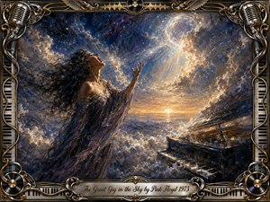 A soulful singer reaches toward a radiant celestial sky as swirling clouds, moonlight, and golden rays surround a grand piano. Deep blues, violets, silver, and warm amber create a spiritual, dramatic mood. Rich oil-paint textures, flowing motion, and an ornate music-themed frame evoke transcendence, emotion, and cosmic release.