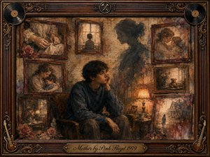 A solitary young man sits in a dim, memory-filled room surrounded by faded portraits of maternal tenderness, childhood, and home. Warm amber lamplight contrasts with deep browns, muted blues, and rose tones. Painterly textures, ghostlike silhouettes, vintage frames, roses, records, and ornate musical details evoke protection, loneliness, nostalgia, and emotional confinement.