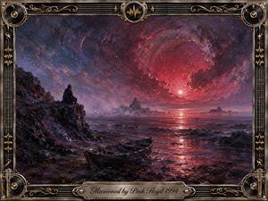 A solitary figure overlooks a rocky twilight sea beside an abandoned wooden boat, beneath swirling crimson, violet, and midnight-blue clouds. Glowing celestial light reflects across dark water, creating a haunting, contemplative mood. Rich oil-painted textures, misty distant rocks, and an ornate chrome-and-gold music-themed frame complete the cinematic composition.