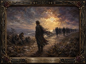 A solitary figure stands on a rugged path while a distant crowd walks toward a glowing horizon, leaving struggling families behind beneath turbulent storm clouds. Warm gold light breaks through deep gray, brown, and violet tones, creating a somber yet hopeful mood. Rich oil-paint textures and an ornate musical frame heighten the dramatic symbolism.