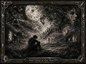 A solitary figure crouches beneath a vast moon in a fractured charcoal landscape, surrounded by ghostly faces, drifting silhouettes, circular diagrams, and a faint prism glow. Smoky blacks, grays, and muted violet create a haunting, introspective mood, while the ornate music-themed metal frame and engraved title plate complete the surreal composition.