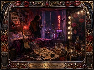 A brooding rock musician stands in a decadent neon-lit motel room overlooking a rain-soaked city, surrounded by an electric guitar, whiskey, lipstick, scattered papers, and glowing mirrors. Deep reds, blacks, golds, and violet light create a seductive, restless mood, framed by ornate chrome, roses, cables, and vivid red lips.