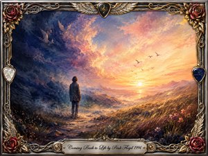 A solitary figure stands on a rugged hillside, facing a radiant sunrise that transforms a shadowed blue-violet landscape into glowing gold, peach, and rose. Painterly clouds, drifting birds, wild grasses, and distant mountains create a reflective, hopeful mood. An ornate chrome-and-gold musical frame with roses, wings, and guitar picks surrounds the scene.