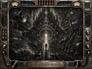 A lone figure walks through a vast industrial cathedral of gears, pipes, gauges, and looming machinery toward a brilliant circular light. Deep charcoal blacks, tarnished steel, and muted gold create an oppressive, hypnotic mood. Dramatic highlights reveal intricate mechanical textures, while the ornate amplifier-inspired frame reinforces the dystopian, surreal, meticulously rendered charcoal aesthetic.