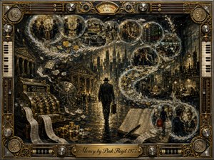 A lone businessman walks through a shadowy financial cityscape as coins, bills, receipts, and memory-like bubbles sweep around him in an elegant S-curve. Tarnished gold, smoky black, muted green, and chrome create a tense, luxurious mood. Dramatic lighting, painterly textures, bank imagery, ledgers, and ornate musical machinery reinforce themes of wealth, ambition, and unease.