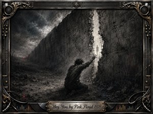 A solitary figure kneels before a towering, fractured wall, reaching desperately toward a distant silhouette glowing within a narrow opening. Deep charcoal textures, smoky grays, muted blacks, and pale light create an atmosphere of isolation and longing. Ornate metallic framing, guitar strings, speakers, cables, and engraved detailing add a dark, dramatic musical elegance.