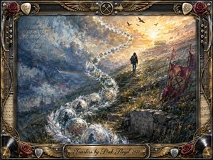 A lone traveler climbs a rugged hillside toward brilliant golden light, guided by an S-curve of glowing feathered bubbles containing symbolic memories. Stormy blues fade into warm amber skies, birds and distant crowds suggesting hope and triumph. The richly textured impressionistic scene is enclosed by an ornate musical frame with roses, records, strings, and engraved title plate.