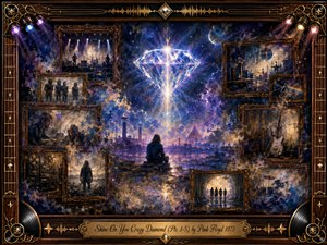 A radiant crystal diamond floats above a solitary figure beside shimmering water, surrounded by cosmic blues, purples, and golden light. Vintage rosewood frames hold fading concert and studio memories, guitars, drums, tapes, and silhouettes. The nostalgic mixed-media composition blends painterly textures, dramatic starlight, and ornate musical details into a dreamlike memorial.