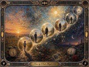 A surreal oil-painted journey through time unfolds along a glowing S-curve of translucent bubbles, tracing life from childhood to old age. Vintage clocks, an hourglass, gears, and fading photographs fill a landscape shifting from golden sunrise to violet night. Rich blues, amber, bronze, and crimson create a reflective, dreamlike atmosphere within an ornate musical frame.