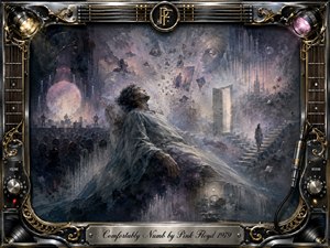 A solitary figure reclines amid a dreamlike, fractured world of fading memories, distant performers, stairways, and a glowing doorway. Muted blues, grays, lavender, and smoky rose create a numb, introspective mood. Painterly textures, soft theatrical lighting, and an ornate chrome-and-gold musical frame heighten the surreal, melancholic atmosphere.