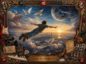 A lone figure soars above glowing clouds and a distant industrial skyline beneath a vast moon, white birds, and a surreal flying pig. Rich blues, golds, and sunset amber create a dreamlike, hopeful mood. The detailed painterly scene is enclosed by an ornate rock-themed frame filled with instruments, records, roses, and memorabilia.