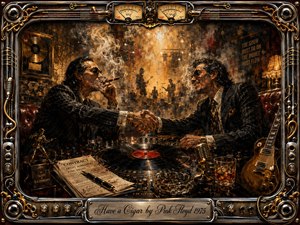 Two sharply dressed music executives shake hands across a smoky recording studio, surrounded by a spinning vinyl record, mixing console, contracts, whiskey, microphones, guitars, and glowing VU meters. Burnished gold, black, and amber tones create a cynical, decadent mood, while dramatic stage lighting and richly textured painterly detail evoke 1970s rock-industry excess.